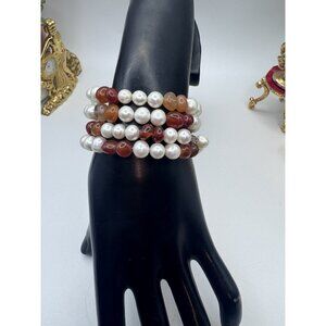 Freshwater Baroque Pearl and Carnelian Wrap Coil Bracelet 4 Strand Adjustable